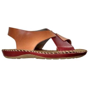 Imagem de Sandália Rasteira Feminina Couro Legitimo Laranja Vermelho Elástico - 