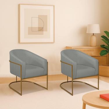 Imagem de Kit 2 Poltronas Decorativa Jade Moderno Escritório Confortável Luxo Base De Ferro Dourado Linho Cor Cinza Claro