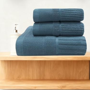 Imagem de USTIDE Conjunto de toalhas de banho e rosto de algodão penteado com listras sutis azuis de 3 peças para uso diário de hotel spa academia (1 toalha de banho, 2 toalhas de mão)