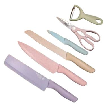 Imagem de Kit de 6 Peças de Facas Profissional - Aço Carbono para Carne, Legumes, Cutelo, Descascador e Tesoura, Conjunto Completo da Cozinha (colorido)