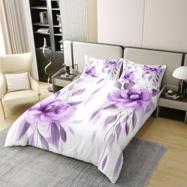 Imagem de Conjunto de capa de edredom boho 100% algodão roxo e cinza, tamanho Queen, conjunto de cama floral aquarela 3 peças, capa de colcha de flores e folhas, decoração de quarto de crianças, meninos e