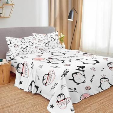 Imagem de SNcek Jogo de lençol infantil fofo pinguim, tamanho solteiro, 4 peças, estampa branca, microfibra com bolso profundo