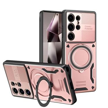 Imagem de POYUFRG Capa magnética para Samsung Galaxy S26 Ultra/S26 Plus/S26, capa fina à prova de choque com suporte de metal giratório, capa de proteção de lente com tudo incluído, rosa, S26 Plus