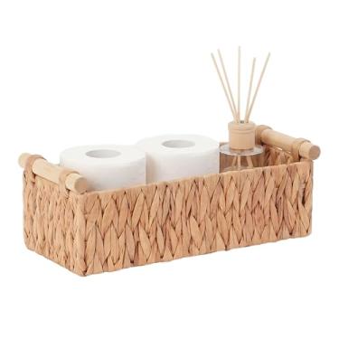 Imagem de Cesta de jacinto de água tecida à mão com alças de madeira, bandeja organizadora de vime para balcão de banheiro, cozinha, cômoda, mesa de centro – Cesto de armazenamento boho natural para decoração