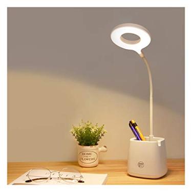 Imagem de U5GAAALPPQ9 Lâmpada de mesa LED recarregável com porta de carregamento USB e suporte de caneta, 3 modos de cor e regulação contínua, mangueira de metal flexível (cor: branco)