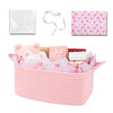 Imagem de OIAHOMY Cesta de tecido, cesta de presente vazia com sacos de presente, fitas e papel de embrulho, cestas de corda para chás de bebê, cestas de armazenamento com alças para berçário, organizador de