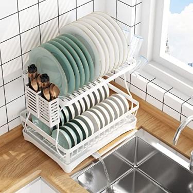 Imagem de Escorredor de pratos de aço inoxidável escorredor de cozinha prateleira dupla com suporte de tubo/copo pauzinhos, preto/branco (cor: preto) (branco)