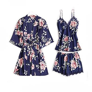 Imagem de HHHJQFAAT Pijama feminino 3 peças floral acabamento em renda cetim conjunto de pijama com roupão decote em V vestido de dormir G azul marinho B (rosa d)