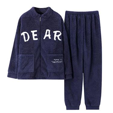 Imagem de HHHJQFAAT Pijama feminino de lã coral de inverno versão solta conjunto de pijama de pelúcia desenho animado camisola com zíper (azul 2X)