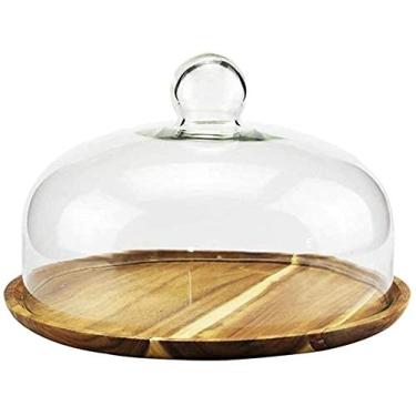 Imagem de HHHJQFAAT Suporte de bolo bandeja de exibição de sobremesa caixa de bolo 6/8/10/11 polegadas, prato de hambúrguer de pão de madeira bandeja de bife de restaurante cúpula de pó de sushi de vidro para