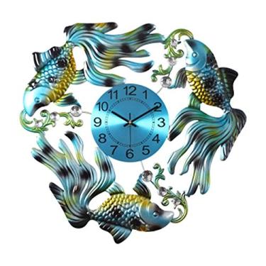 Imagem de Relógios de parede arte chinesa de ferro carpa relógio mudo decoração de parede pingente de fundo para casa escritório sala de estar quarto decoração 63 cm (azul)