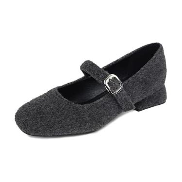Imagem de Sapato feminino de veludo Mary Jane de veludo com bico quadrado, sapatos casuais de salto baixo, com tira no tornozelo, elegante, confortável, versátil, chique, Cinza, 35
