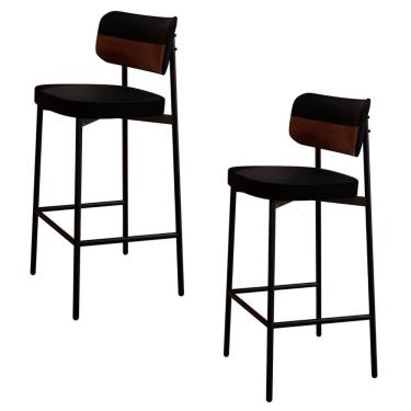 Imagem de Banqueta Alta Bar Estofada Kit 2 Ella M25 Linho Preto-whisky - Mpozenato