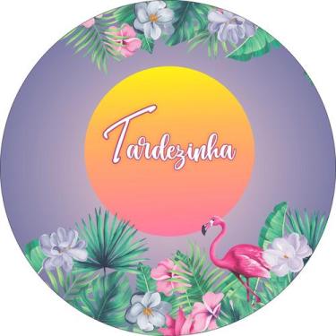 Imagem de Painel de Tecido Sublimado Redondo Tardezinha Flamingos Flores Lilás e