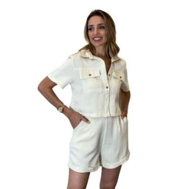 Imagem de Conjunto Feminino Camisa Cropped Moda Utilitária e Shorts Cintura Alta em Linho com Ela...