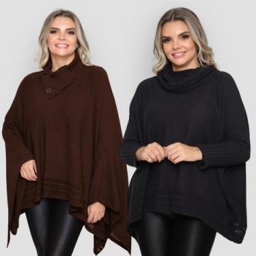 Imagem de Kit 2 Poncho Feminino Tricot Mousse Liso Gola Alta Casaco Lã - EXPOSIÇ