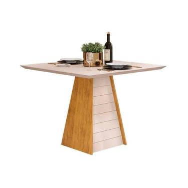 Imagem de Mesa p/ Cozinha Fler c/ Tampo Madeirado c/ Vidro 90x90cm Cedro/Off Whi