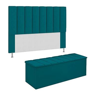 Imagem de Conjunto Cabeceira E Calçadeira Cancun Para Cama Box King 195 cm Suede Azul Turquesa - DL Decor