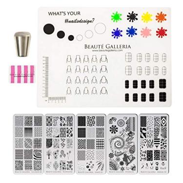 Imagem de Conjunto de adesivos de arte para unhas da Beaute Galleria – 5 estilos de placas de estampagem gravadas de alta qualidade, modelos de imagem, tapete de silicone para unhas, carimbo de unha, raspador de placa e cartão de instruções