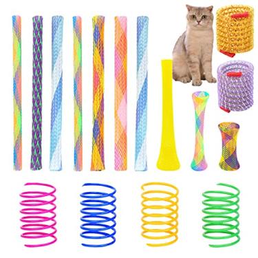 Imagem de Conjunto de 46 peças de brinquedos de mola de gato, brinquedo colorido de mola de gato e tubo de gato, brinquedo interativo para gatos internos, espiral de bobina de plástico flexível para gatos para golpear, morder, caçar (cor aleatória)