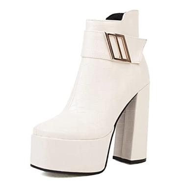 Imagem de Plataforma feminina Chelsea Mid Booties Chunky Block Gótico Square Toe Motocicleta de Salto Alto com Corrente,White,2 UK/35 EU