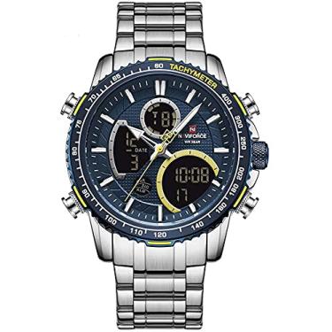 Imagem de Relógio masculino analógico digital de quartzo relógio de luxo aço inoxidável à prova d'água moderno cronógrafo empresarial relógio de pulso multifuncional militar, Prata + azul