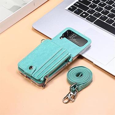 Imagem de Capa de telefone transversal com zíper para Samsung Galaxy Z Flip 4 5G compartimento para cartões de crédito capa traseira de couro com cordão, verde, para Galaxy Z Flip4 5G