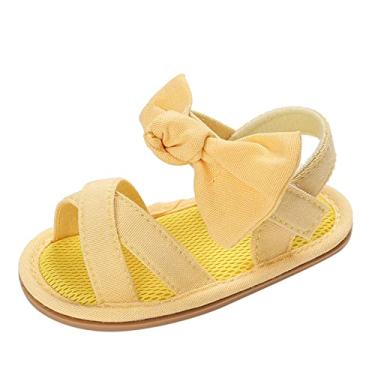 Imagem de Sandálias de verão para crianças bebês meninas sandálias de fundo plano claro aberto cor sólida laço alça traseira sandálias de bebê menina (amarelo, 12-18 meses)