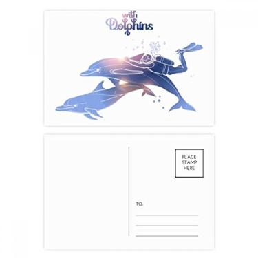 Imagem de Conjunto de cartão postal com golfinhos ilustrado de natação, cartão de agradecimento por correio de aniversário