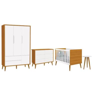 Imagem de Dormitório Completo Infantil Theo 3 Portas, Cômoda 6 Gavetas, Berço e Mesa de Canto com Pés Amadeirado - Reller Móveis