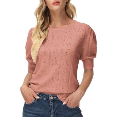 Imagem de GRACE KARIN Suéter feminino leve e fino de verão pulôver fofo de manga curta pulôver blusa de malha, Rosa claro, B, M