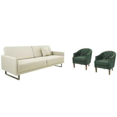 Imagem de Conjunto Sofá 3 Lugares e 2 Poltronas de Aproximação Herval, Linho Bege e Verde
