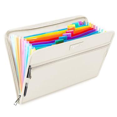 Imagem de Pasta de arquivo sanfonada à prova d'água à prova de fogo com 14 bolsos multicoloridos, tamanho carta A4, suporte organizador de documentos e etiquetas coloridas/2 zíperes (bege 36,3 cm x 24,9 cm)