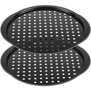 Imagem de HSHGZSR 2 bandejas de pizza antiaderentes, formas de pizza de 35,5 cm, bandejas de pizza de aço carbono, seguras para servir na lava-louças, com furos e alças, para micro-ondas, freezer, geladeira,