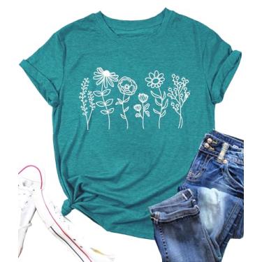 Imagem de Camisetas femininas de flores silvestres com estampa floral botânica, blusa de manga curta, blusa casual Faith Tees Tops, Azul ciano, G