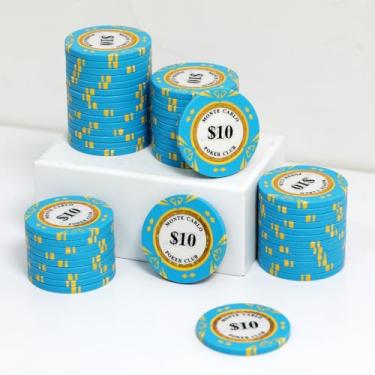 Imagem de JIESITE Fichas de pôquer de argila de 14 gramas Monte Carlo fichas de pôquer de grau de cassino para Texas Hold'em, Blackjack Poker Games Pacote com 50 peças (azul escuro de $10)
