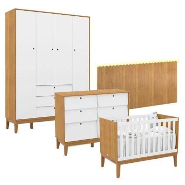 Imagem de Quarto de Bebê Unique 4 Portas com Cômoda 6 Gavetas e Painel Farm com Led Freijó Branco Soft Eco Wood - Matic