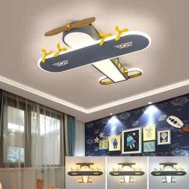 Imagem de Luminária de teto LED moderna 59W regulável para quarto infantil Luz tricolor de desenho animado para avião Lâmpada de teto Menino Criança Criatividade Design Iluminação Quarto Sala de estar