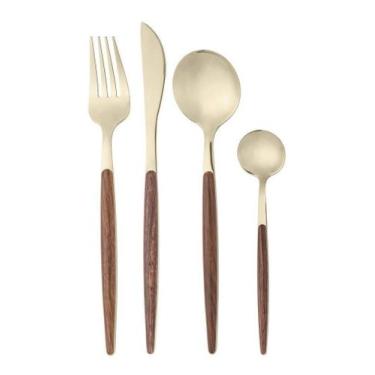 Imagem de Faqueiro 24 Peças Cabo Em Estampa De Madeira Organic Dourado - Lyor