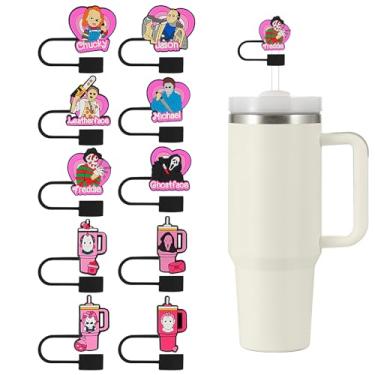 Imagem de 10 peças de tampa de palha para copo Stanley, topo reutilizável de silicone de filme de terror rosa de 10 mm compatível com copo de 30 e 1,134 g com alça, acessórios de Halloween