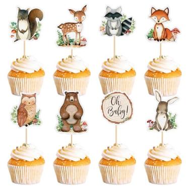 Imagem de Ercadio 32 Pcs Woodland Party Cupcake toppers Picks Oh Baby Party Decorations Woodland Animals Cake Woodland Theme Baby Boy Girl Birthday Favors Woodland Party Supplies