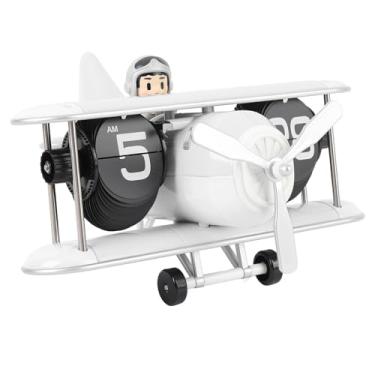 Imagem de Relógio Flip de Avião Exclusivo, Pulso de Disparo de Mesa da Aleta Automática do Vintage, 12 Horas de Relógio Retro Mecânico Moderno de Digitas a Pilhas (Branco)