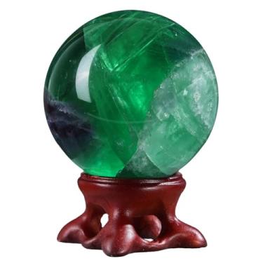 Imagem de Rockcloud Bola de cristal de fluorita natural com suporte de resina, escultura de bola decorativa de esfera de cristal polido para meditação Fengshui decoração de casa, 4 a 4 cm