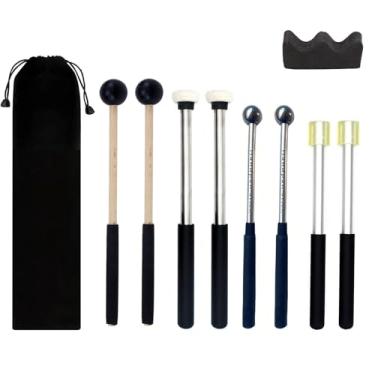 Imagem de Jiayouy 4 pares de marretas de tambor de língua de aço com suporte e bolsa de armazenamento, 2 pares de bastões de percussão de cabeça de borracha, 1 par de cabeça de feltro e 1 par de martelo de