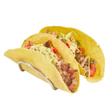 Imagem de Suporte de taco de 10,6 cm x 8,3 cm, 1 bloco retangular de taco – serve para 2 tacos, reversível, suporte de taco de aço inoxidável prata, pode ser lavado na lava-louças, para conchas rígidas ou macias – Restaurantware