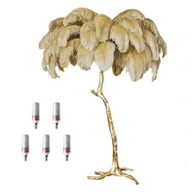 Imagem de Luminária de pé romântica moderna de penas para quarto, sala de estar, luminária de chão de penas de avestruz natural, corpo de lâmpada dourada, regulável com interruptor de pé