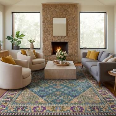 Imagem de Kokia Tapetes de área de 20 x 25 cm para sala de estar, resistente a manchas, lavável na máquina, tapete hobo antiderrapante para quarto, tapete vintage macio estampado azul-petróleo verde roxo 20 x