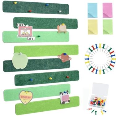 Imagem de Vuzvuv 8 tiras de barra de quadro de avisos com 50 pinos e 10 pinos de clipe de madeira, placa de cortiça autoadesiva para parede, placa de feltro para escola, decoração de escritório (verde)