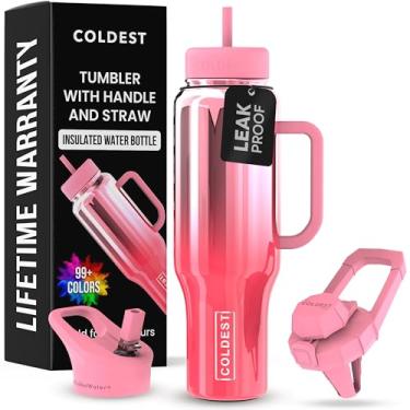 Imagem de Copo Coldest com alça e canudo - Copo 100% à prova de derramamento com canudo (3 tampas) - Copos isolados de aço inoxidável à prova de vazamento para mulheres e homens - Adequado para porta-copos