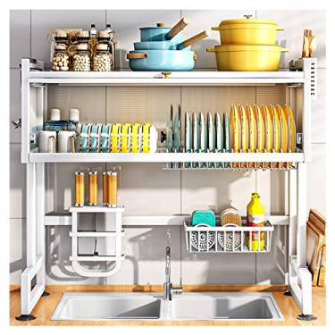 Imagem de CLLBANT Escorredor de louça, escorredor de pratos de 2 níveis sobre a pia, para organizador de balcão de cozinha, prateleira de escorredor de armazenamento, ganchos de suporte, tigela à prova de
